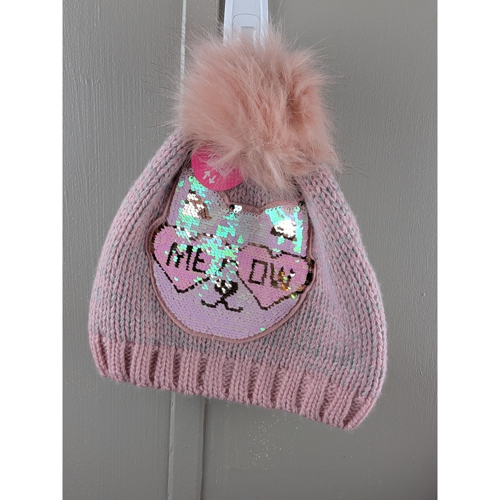 The Childrens Place Girls Pink Cat Flip Sequin Pom Beanie Hat L/XL 8+